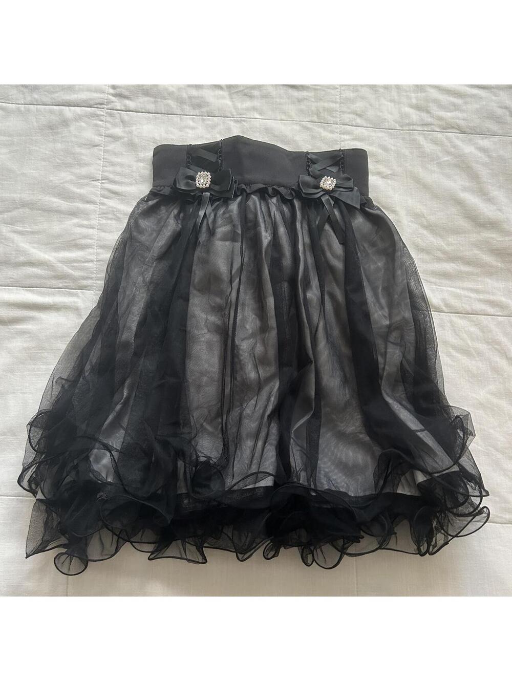 Secret Honey Black Tulle Skirt Size 2 Ribbon Bows Pearl Ruffle Corset Detail